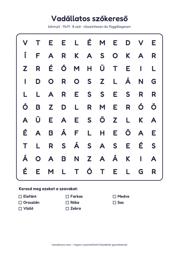Vadállatos szókereső – könnyű – nyomtatható